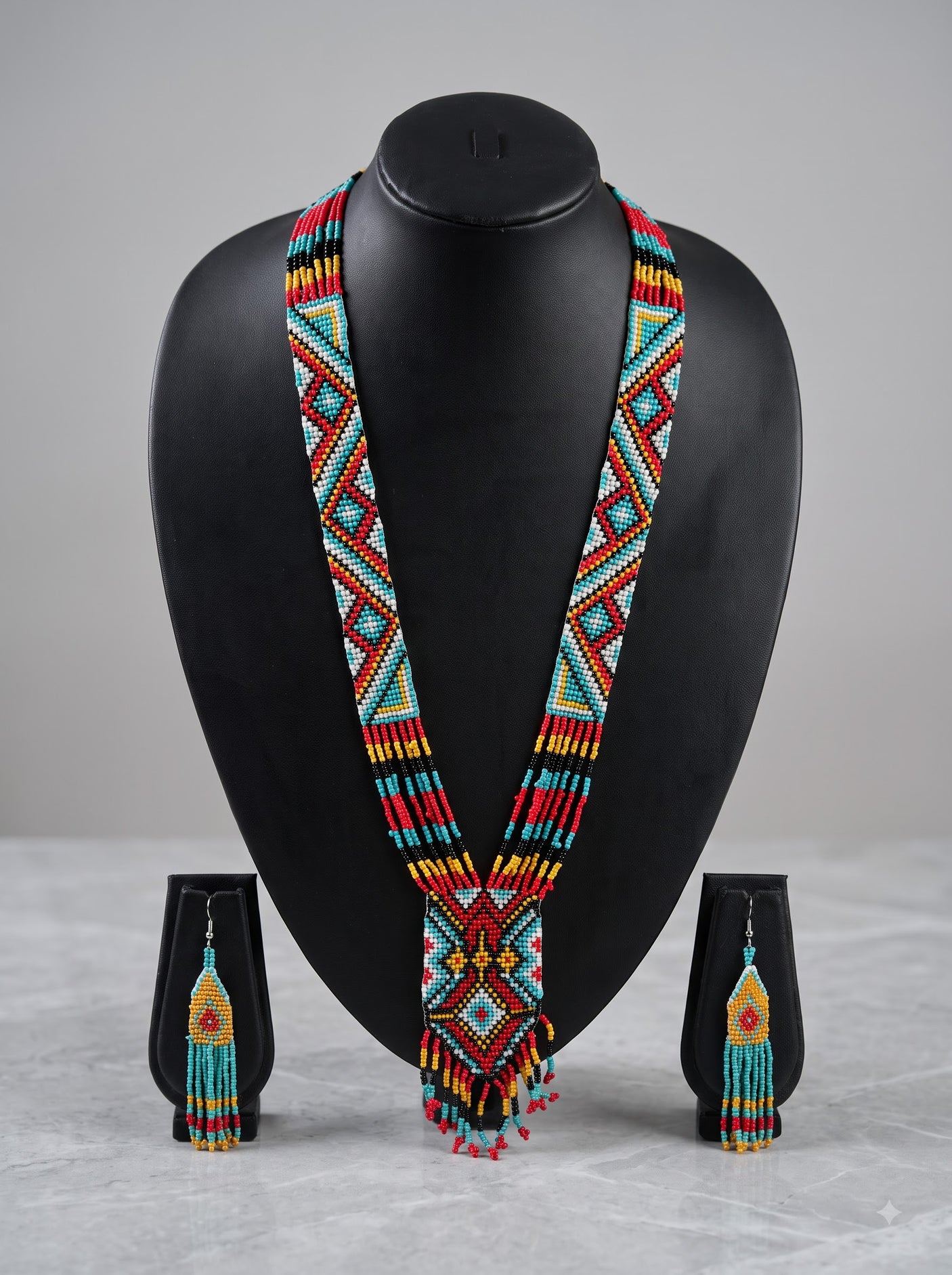 Multi-Color Hand Beaded Long Necklace Set