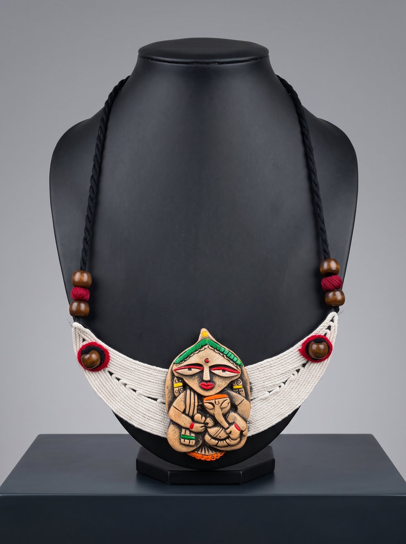 Folk Art Tribal Woman Face Macrame and Terracotta Clay Handmade Necklace