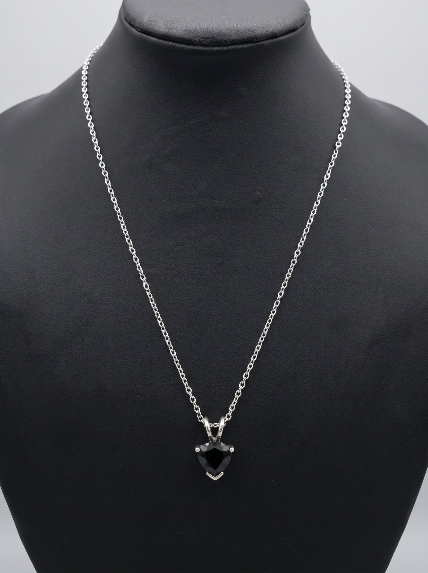 Midnight Heart Black Crystal Heart Solitaire on Dainty Silver Chain Necklace