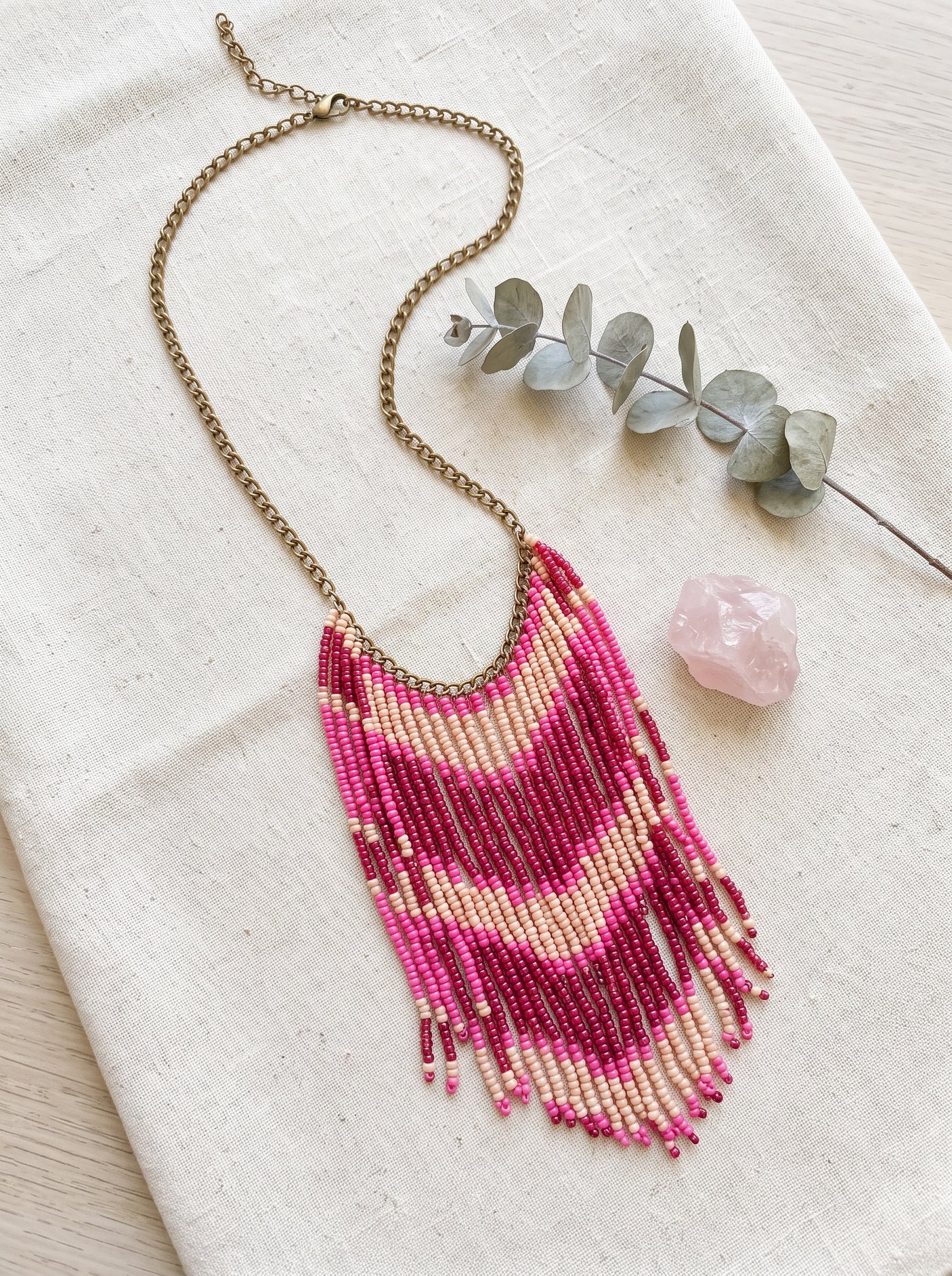 Shades of Pink and Red Beaded Waterfall Necklace