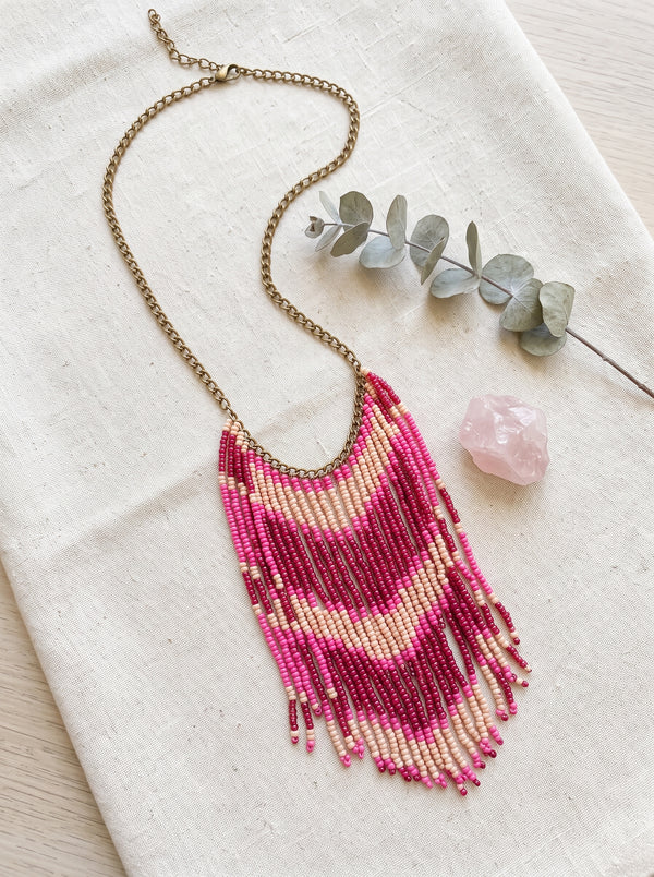Shades of Pink and Red Beaded Waterfall Necklace