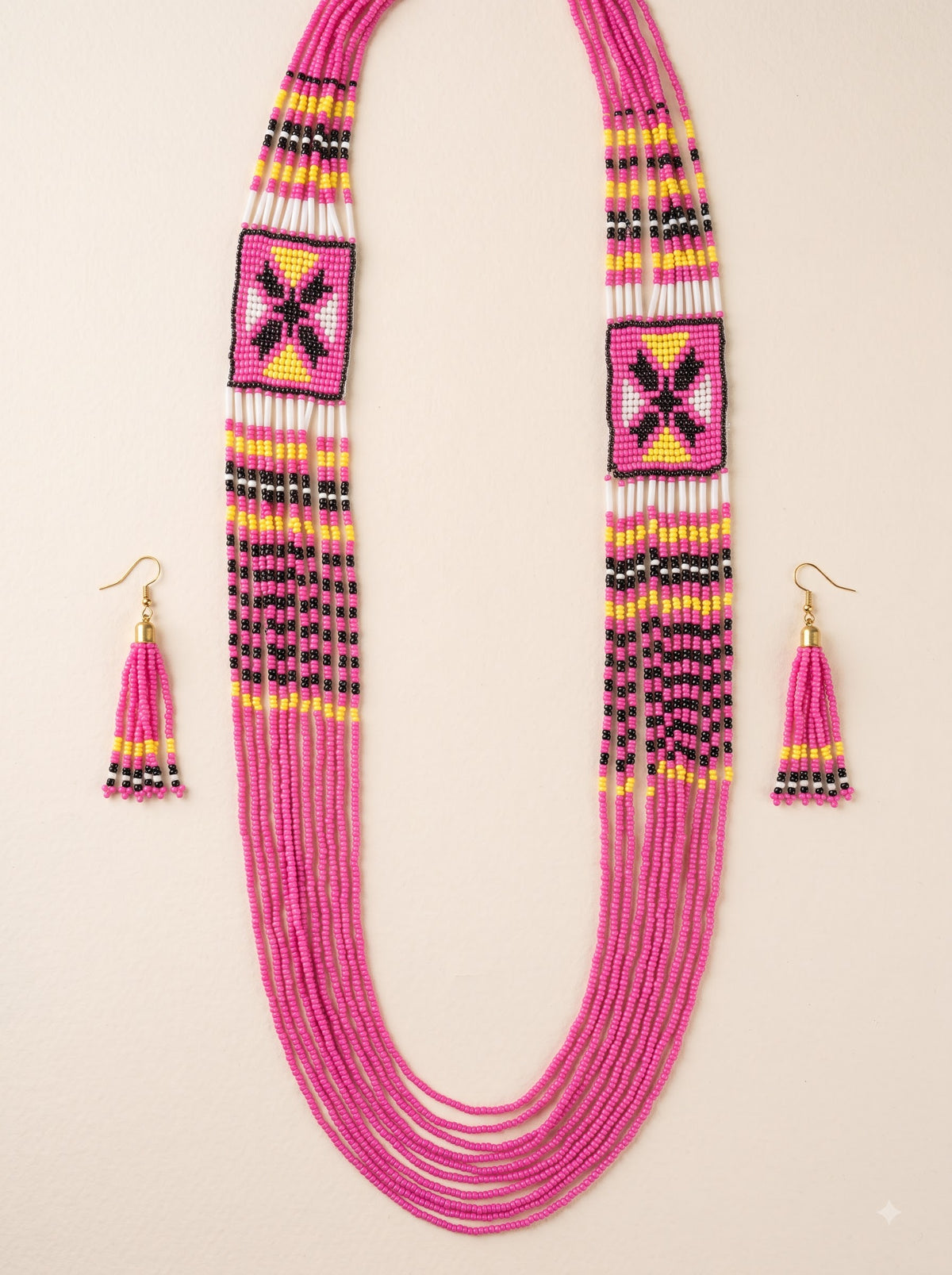 Pink and Multi-Color Hand Beaded Long Necklace Set