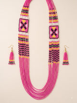Pink and Multi-Color Hand Beaded Long Necklace Set