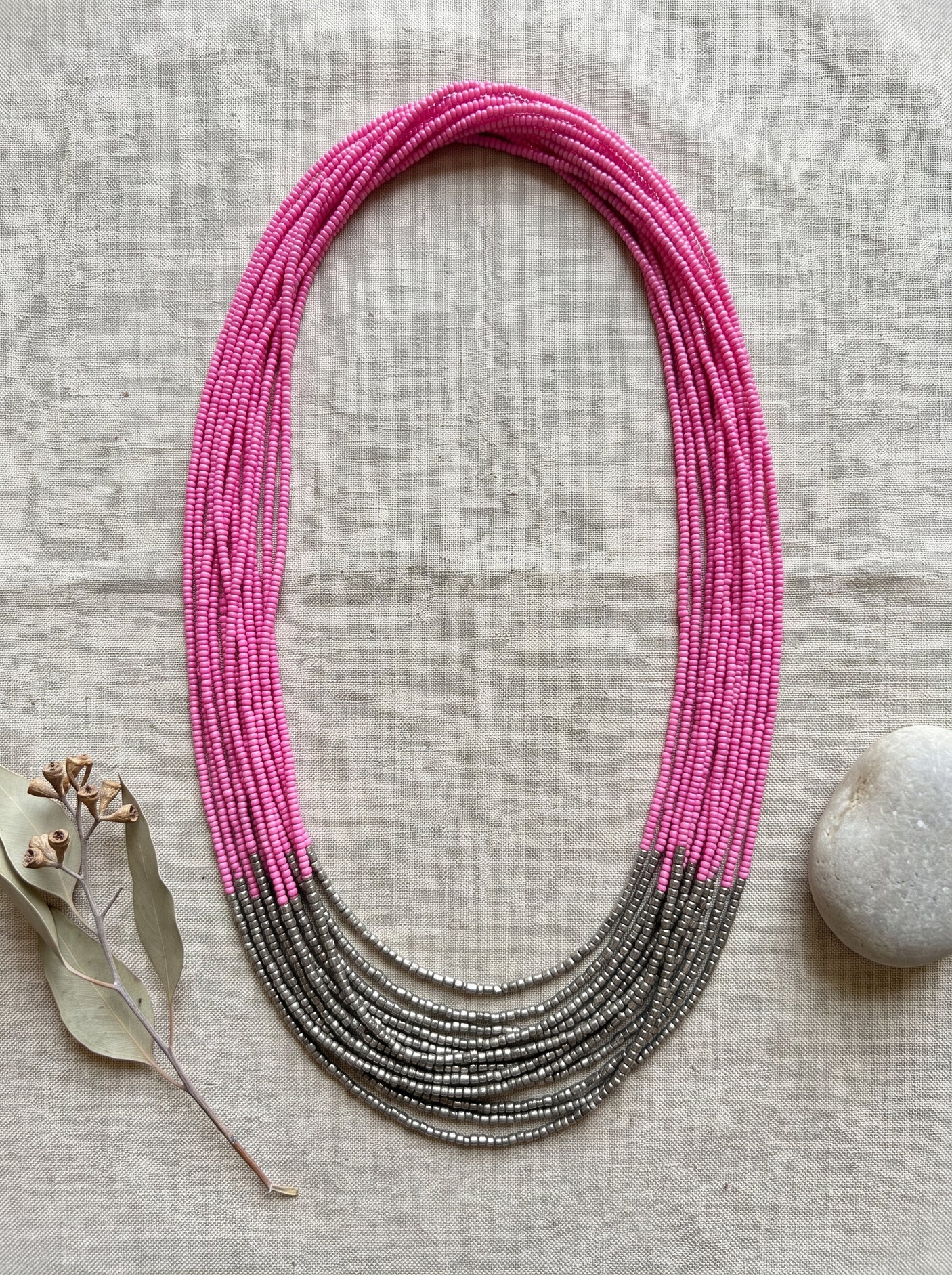 Soft Pink and Grey Color Blocked Handmade long Beaded Necklace