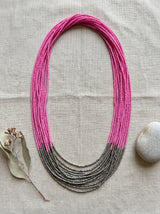 Soft Pink and Grey Color Blocked Handmade long Beaded Necklace