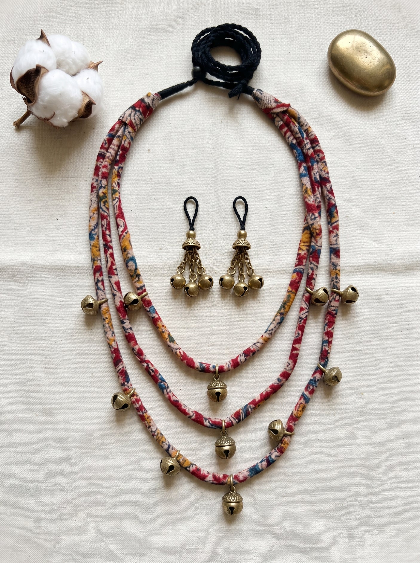 Kalamkari Fabric Cord 3 Layer Handmade Ghungroo Necklace Set