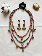 Kalamkari Fabric Cord 3 Layer Handmade Ghungroo Necklace Set