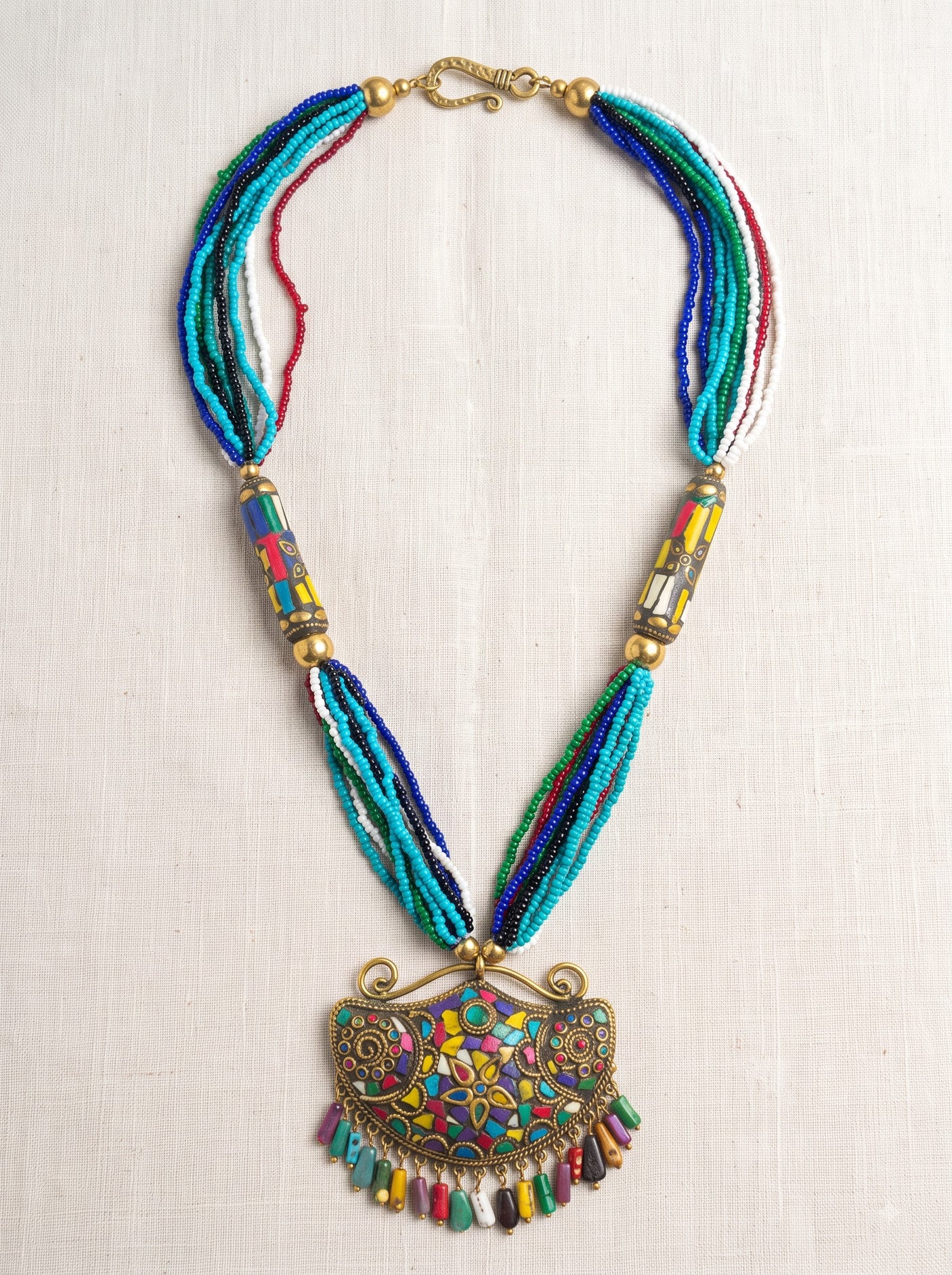 Boho Tibetan Mosaic Pendant Rainbow Seed Bead Statement Necklace
