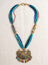 Boho Tibetan Mosaic Pendant Rainbow Seed Bead Statement Necklace