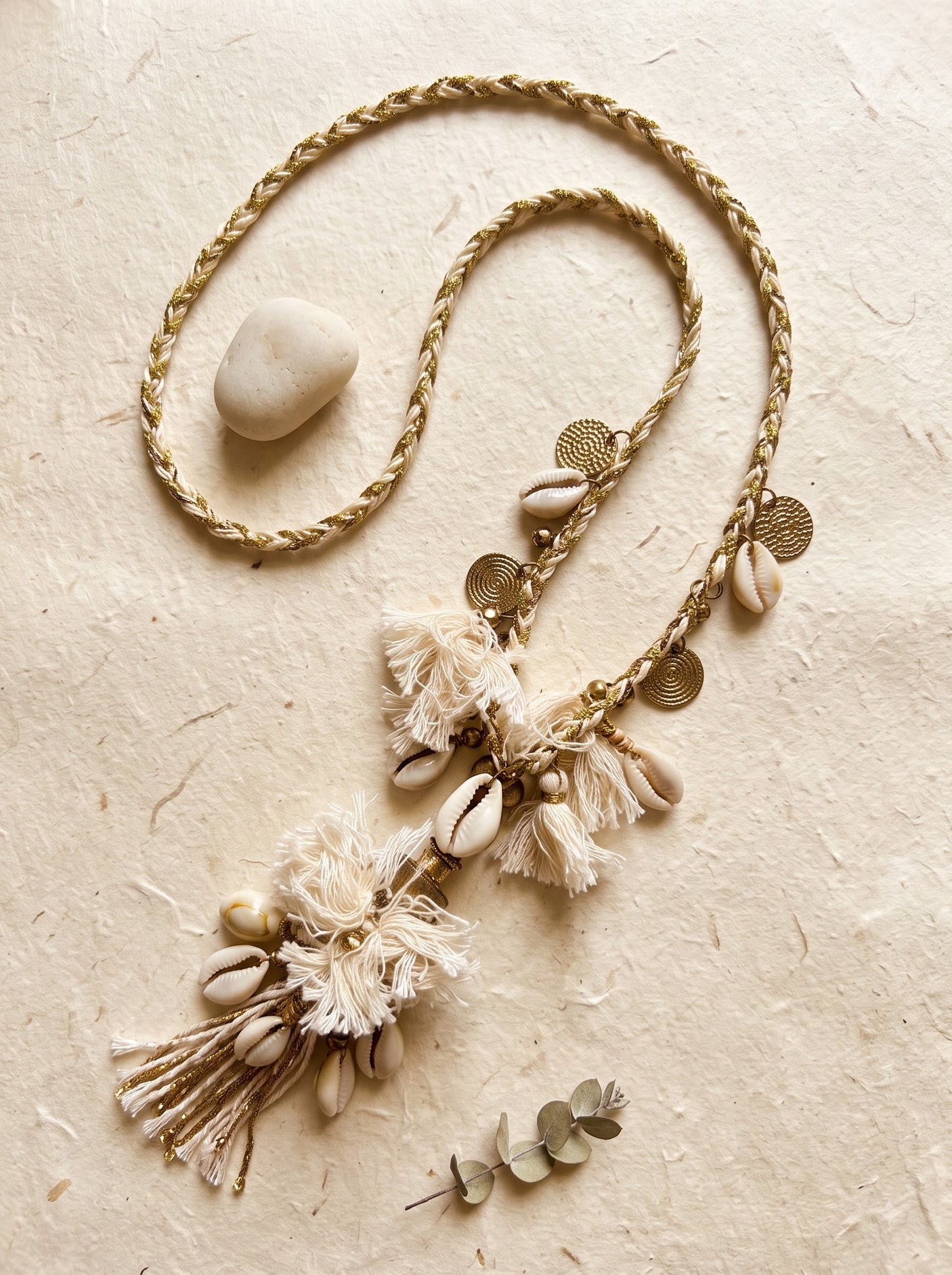 Ivory & Gold Braided Cord Cowrie Shells, White Tassels & Gold Coin Charms Necklace