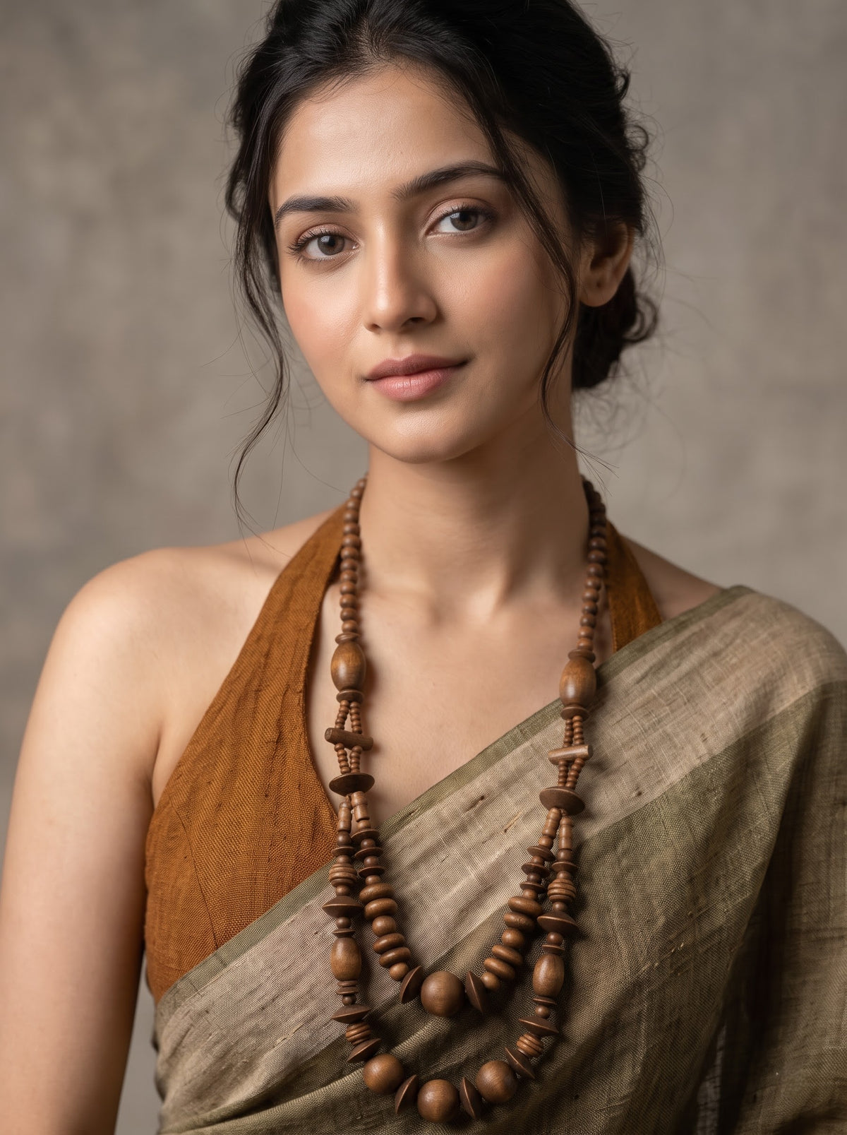 Walnut Loop – Handcrafted Double-Strand Wooden Bead Necklace