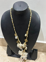 Ivory & Gold Braided Cord Cowrie Shells, White Tassels & Gold Coin Charms Necklace