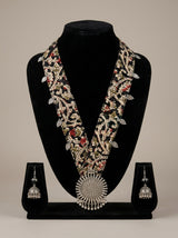 Kalamkari Floral Fabric Strap Necklace with Silver Sun Medallion Pendant Necklace Set