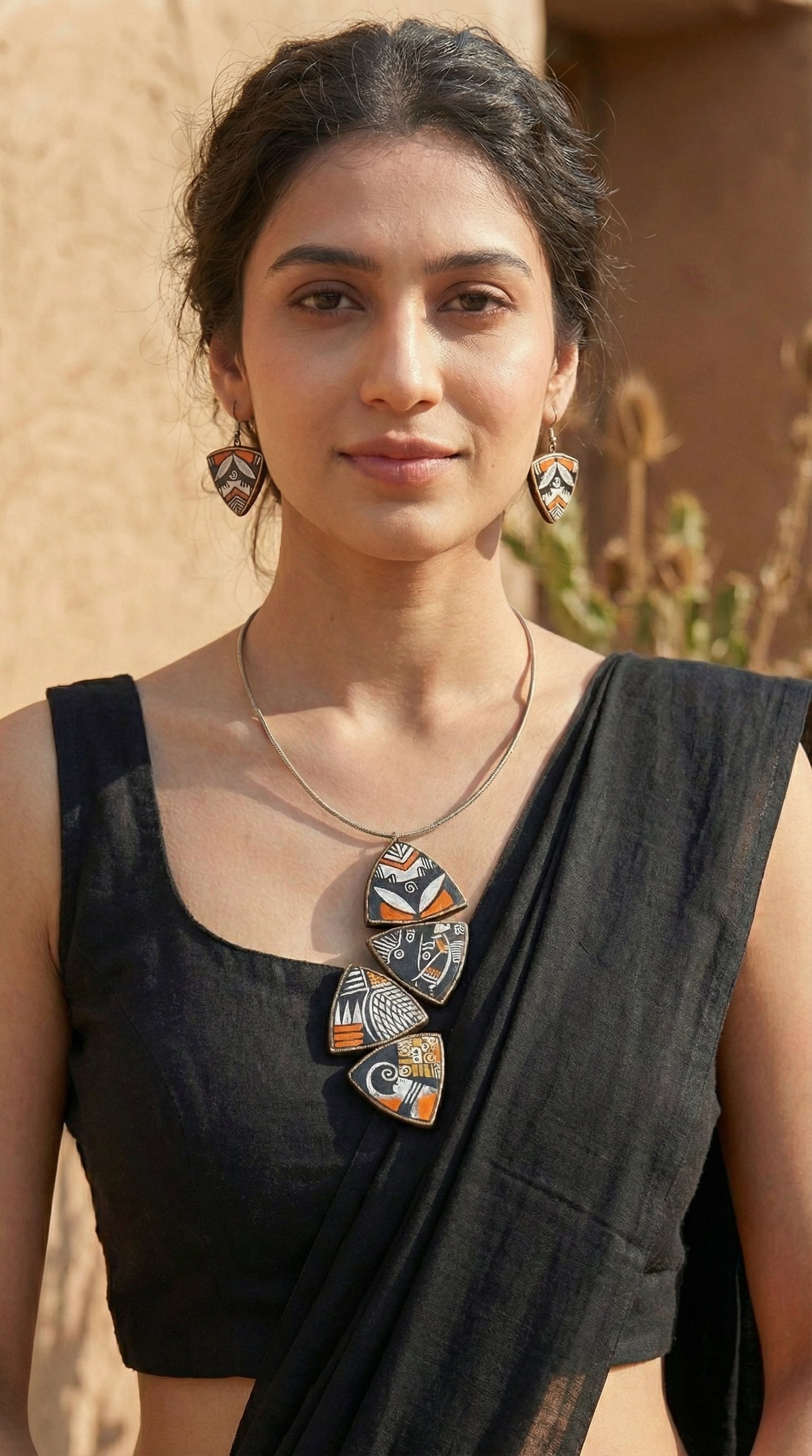 Hand Painted Earthy Flower Motifs Wire Closure Terracotta Clay Handmade Necklace Set