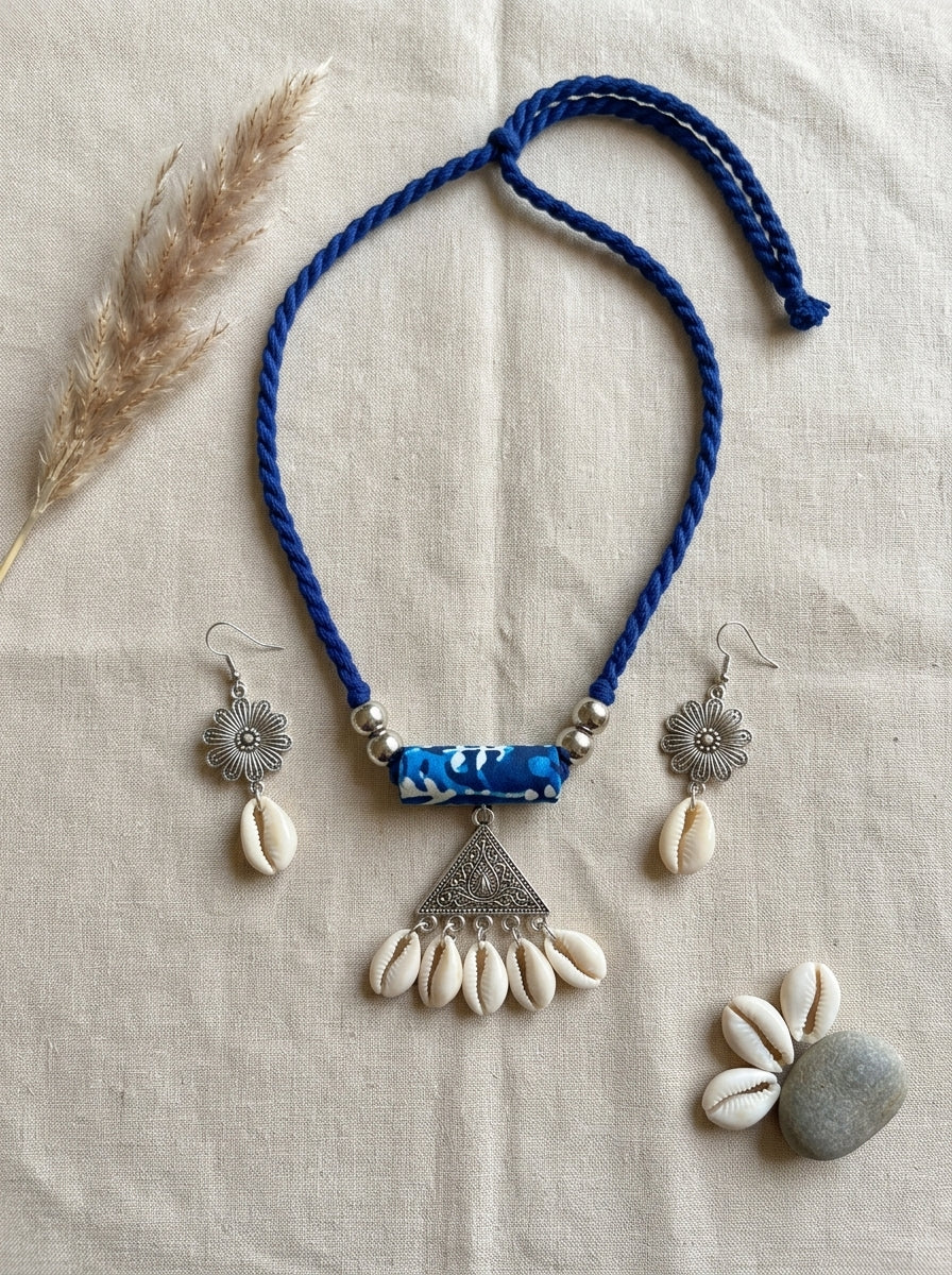 Blue Braided Cord Cowrie Shell Triangle Pendant Necklace Set