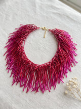 Hot Pink & Red Tube Bead Spike Fringe Collar Necklace on Gold Chain