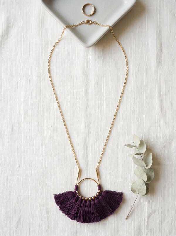 Purple Tassels Gold Toned Long Elegant Necklace