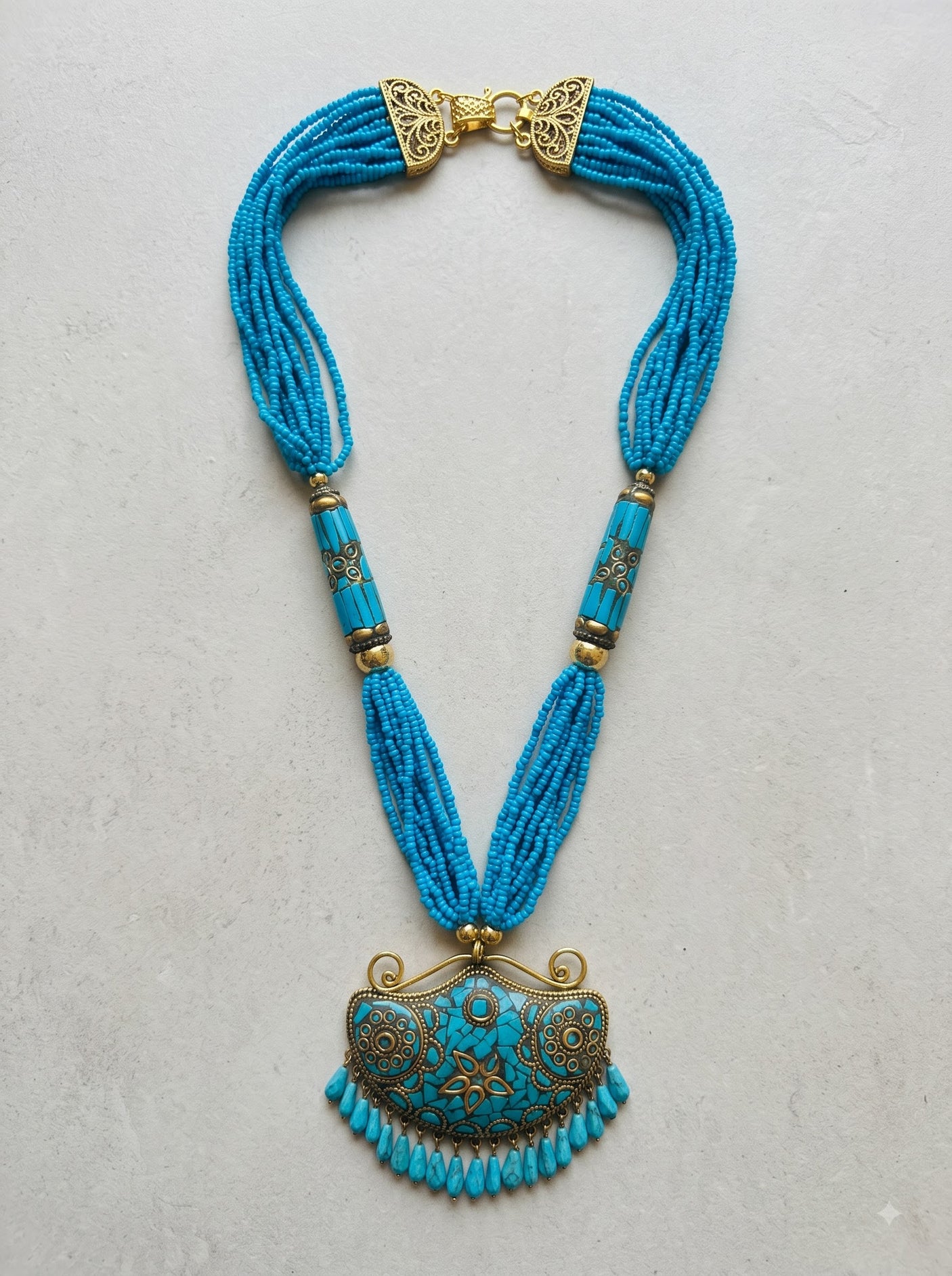 Boho Turquoise Tibetan Mosaic Crescent Pendant Statement Necklace