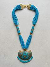 Boho Turquoise Tibetan Mosaic Crescent Pendant Statement Necklace
