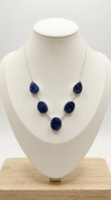 Blue Sugar Druzy Natural Gemstones Embedded Silver Chain Necklace