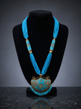 Boho Turquoise Tibetan Mosaic Crescent Pendant Statement Necklace