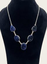 Blue Sugar Druzy Natural Gemstones Embedded Silver Chain Necklace