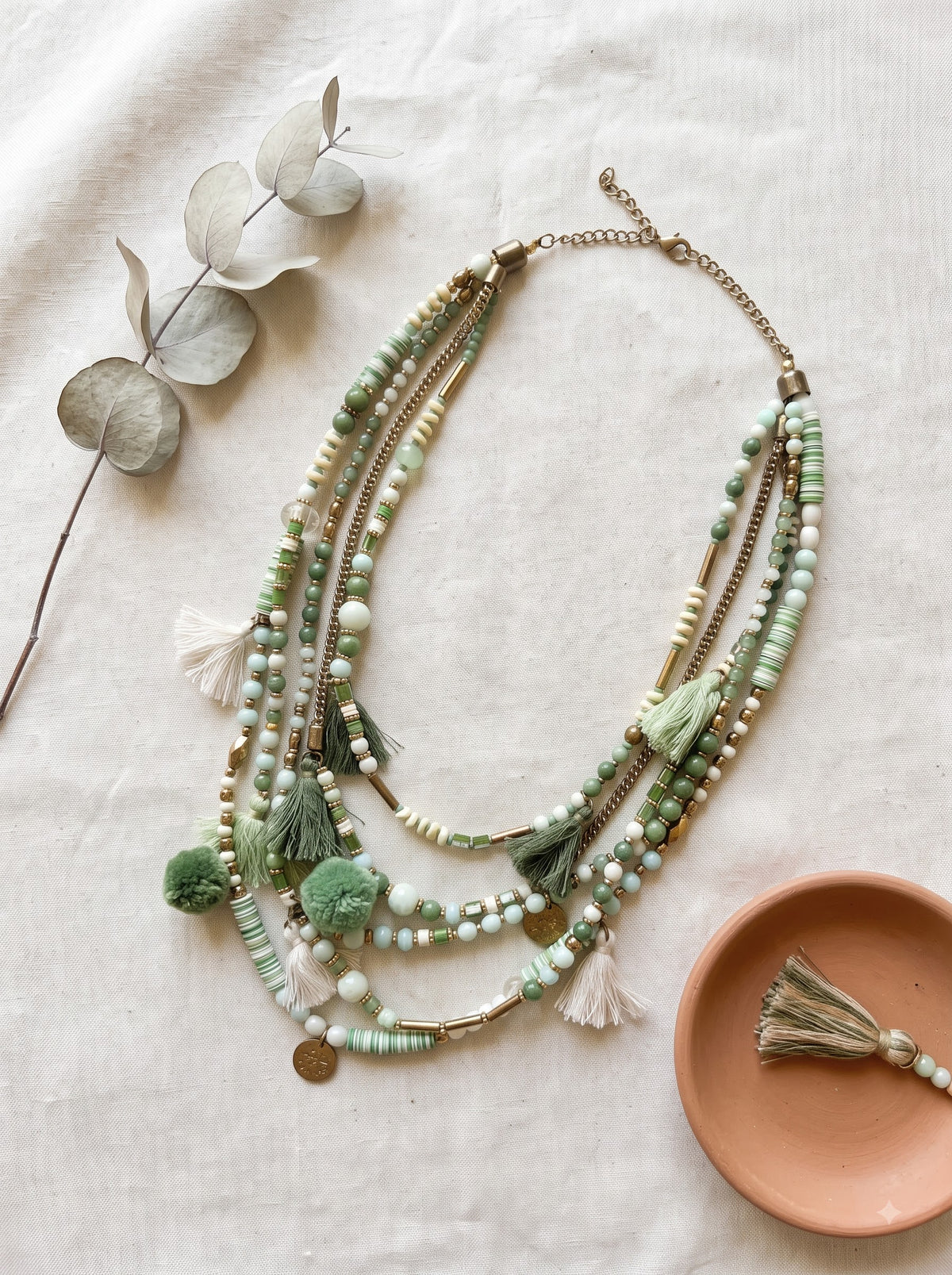 Sea Green Boho Beads and Pom Pom Multi-Layer Necklace