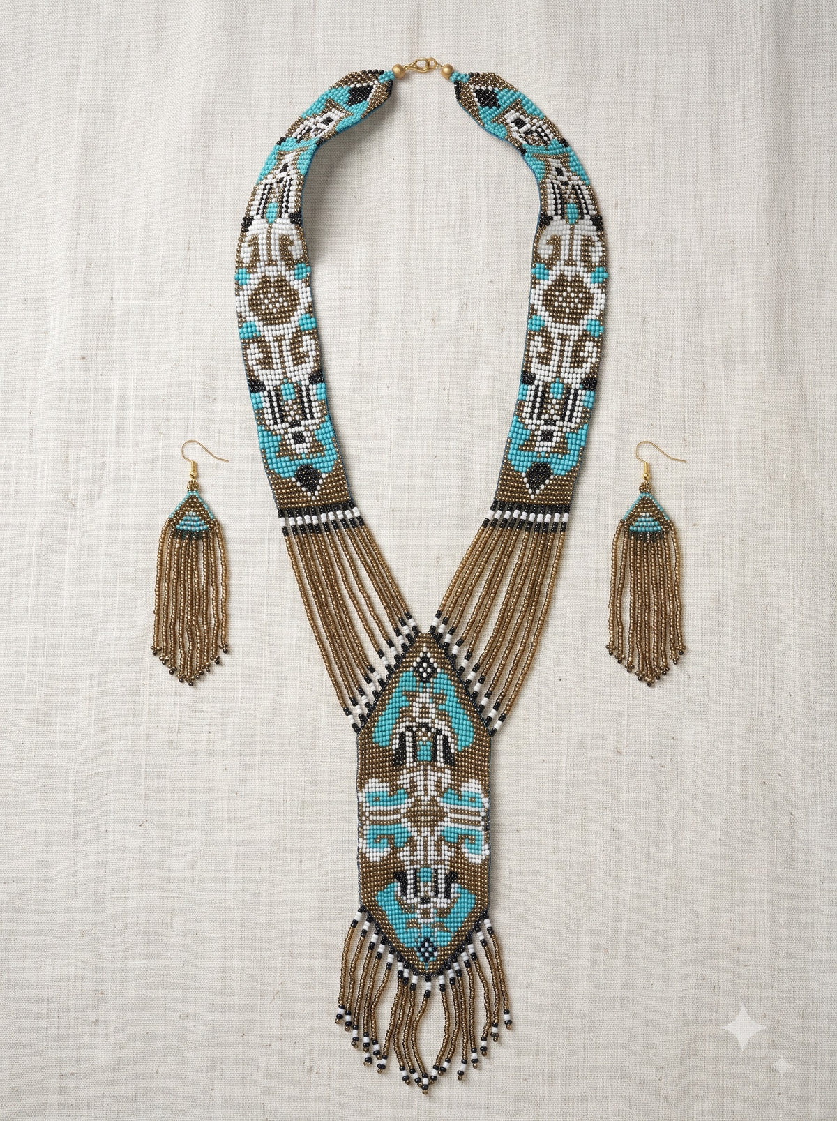 Bronze and Blue Hand Beaded Long Necklace Set