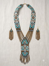 Bronze and Blue Hand Beaded Long Necklace Set