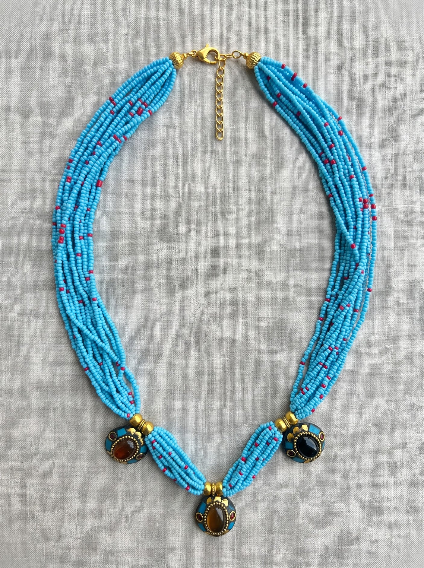 Boho Tibetan Triple Medallion Charm Blue Beads Statement Necklace