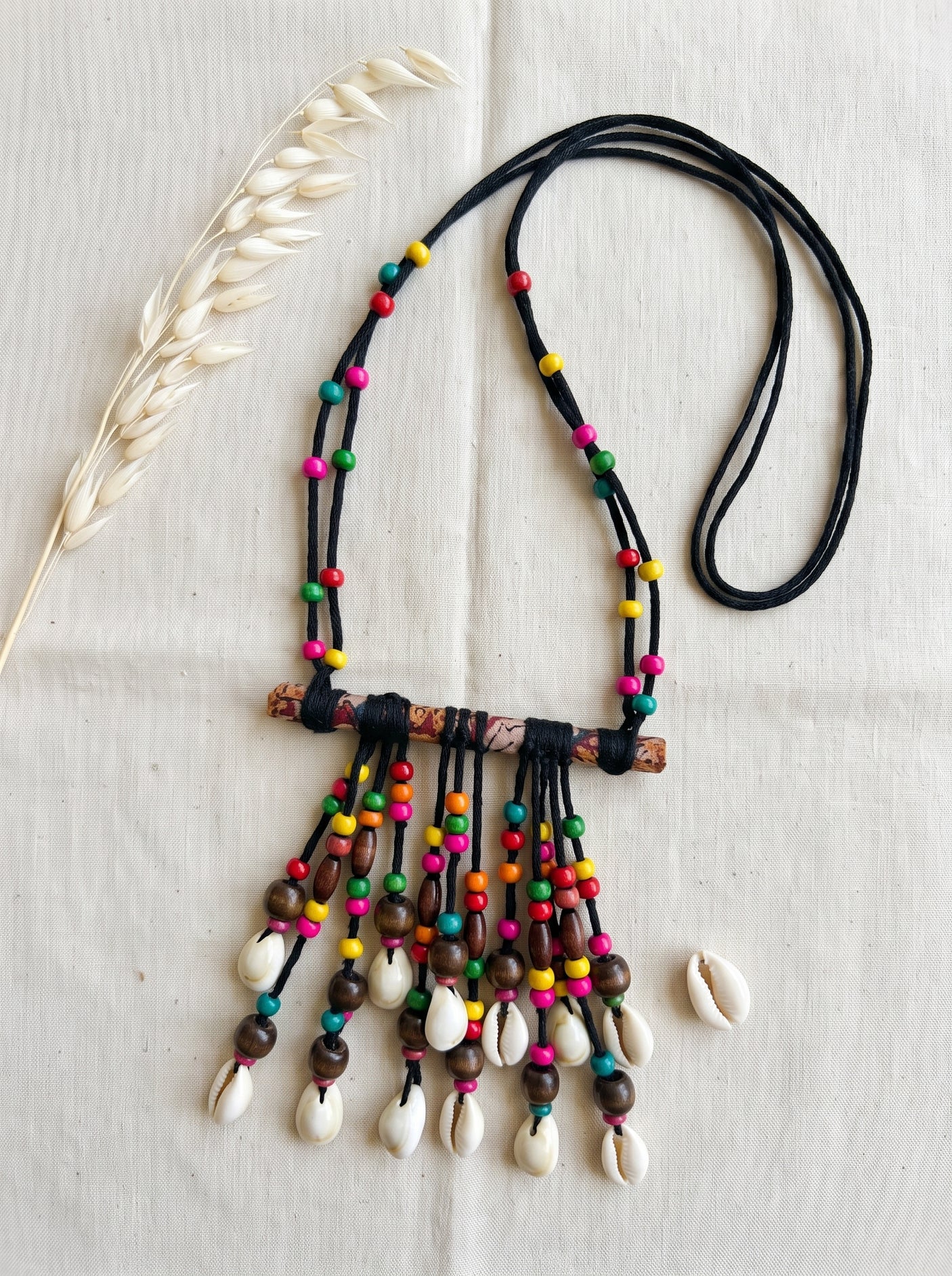 Multicolour Wooden Bead & Cowrie Shells Fringe Necklace