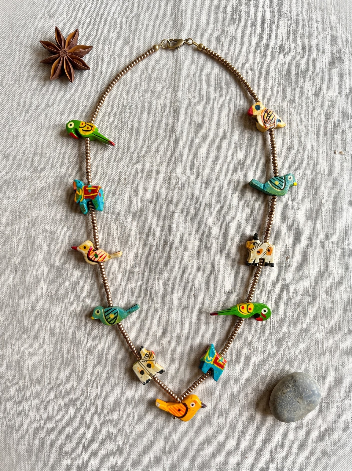 Hand-Painted Miniature Folk Bird & Animal Charm Necklace on Silver Bead Chain