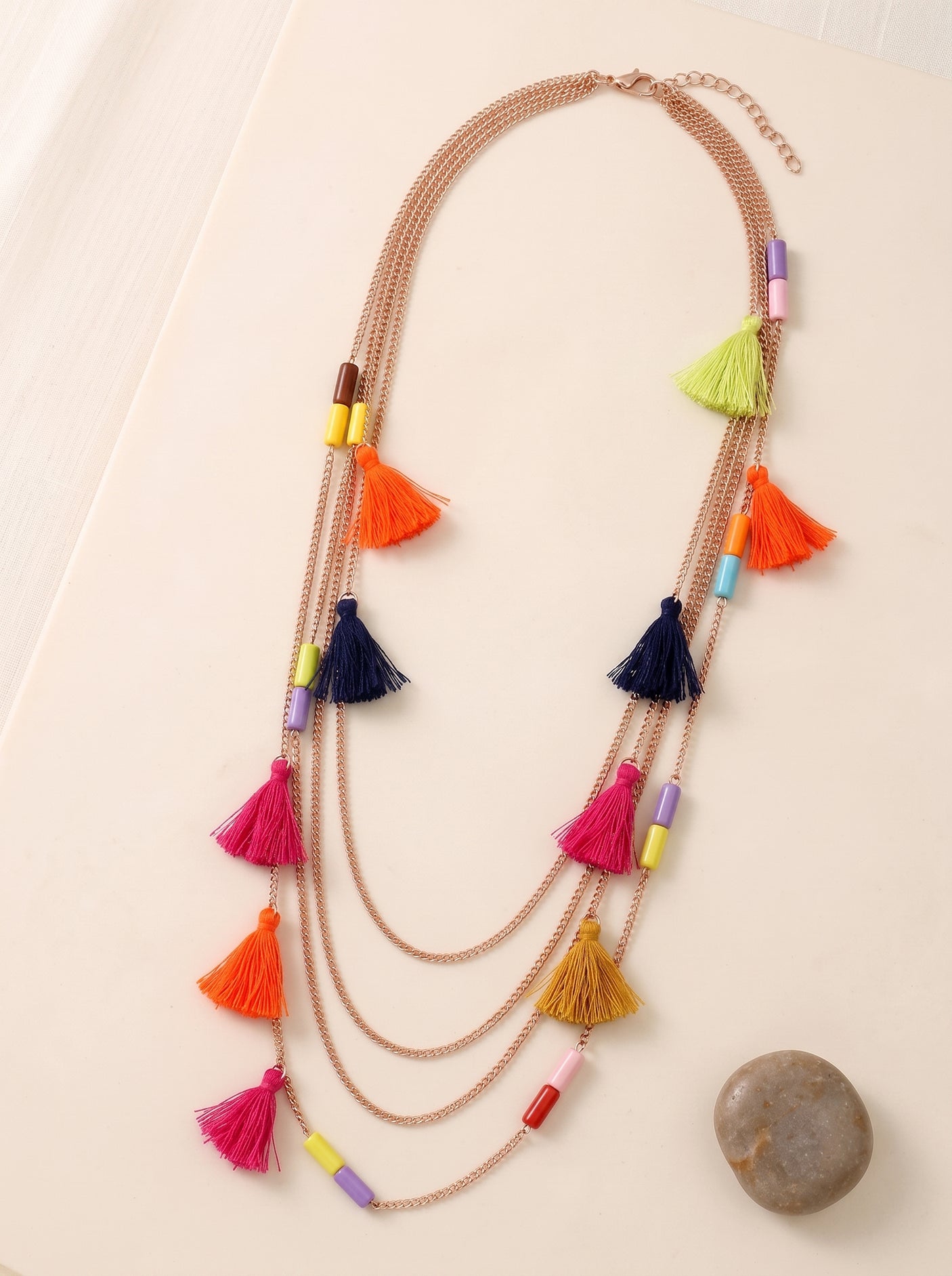 Multi Color Tassels and Beads Braided on Brass Chains Boho Necklace