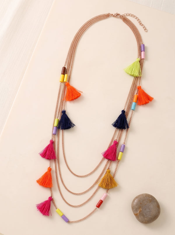 Multi Color Tassels and Beads Braided on Brass Chains Boho Necklace