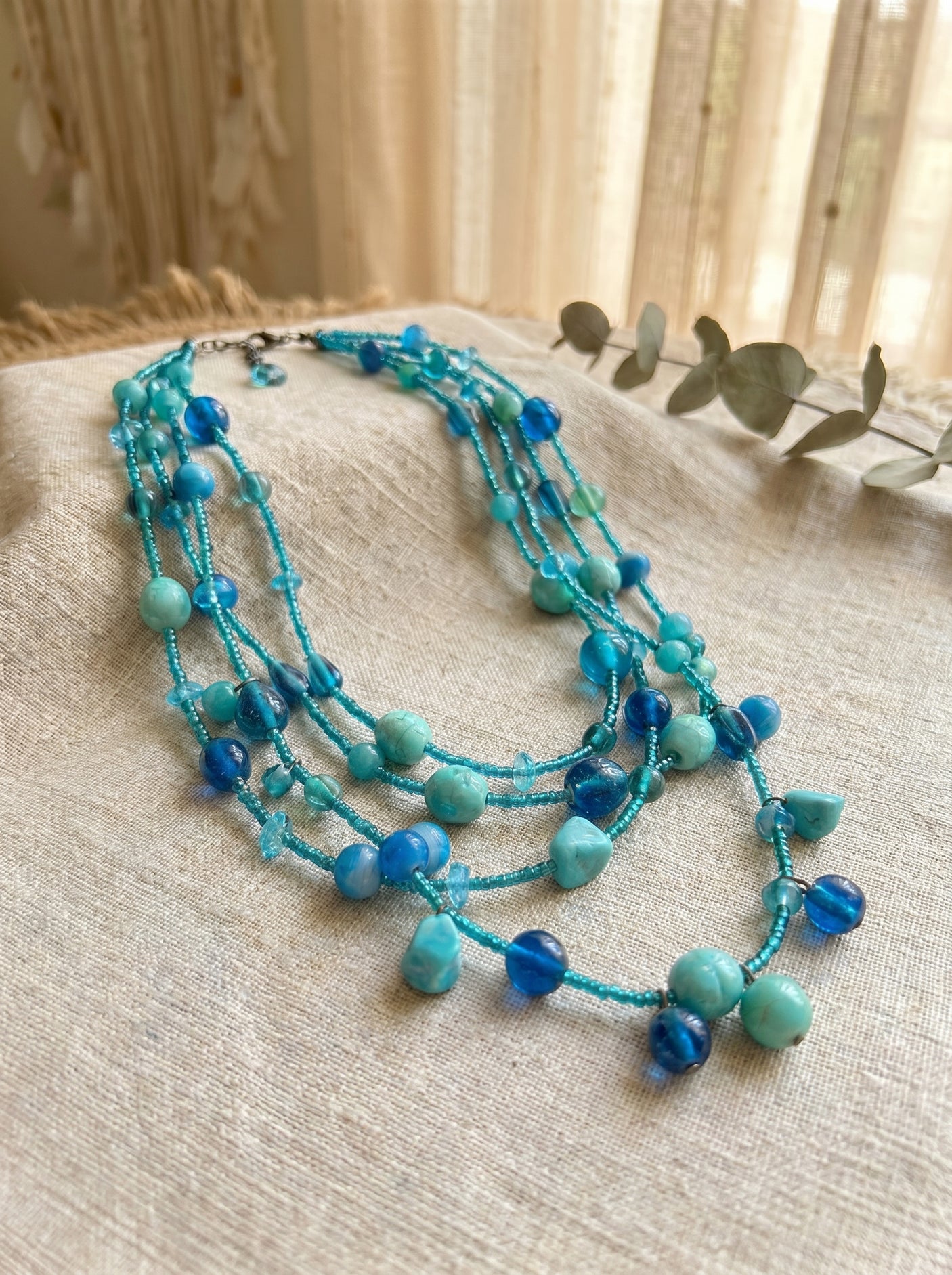 Shades of Blue Beads and Stones Multi Layer Necklace