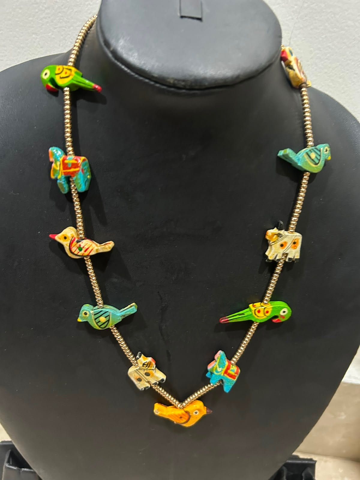 Hand-Painted Miniature Folk Bird & Animal Charm Necklace on Silver Bead Chain