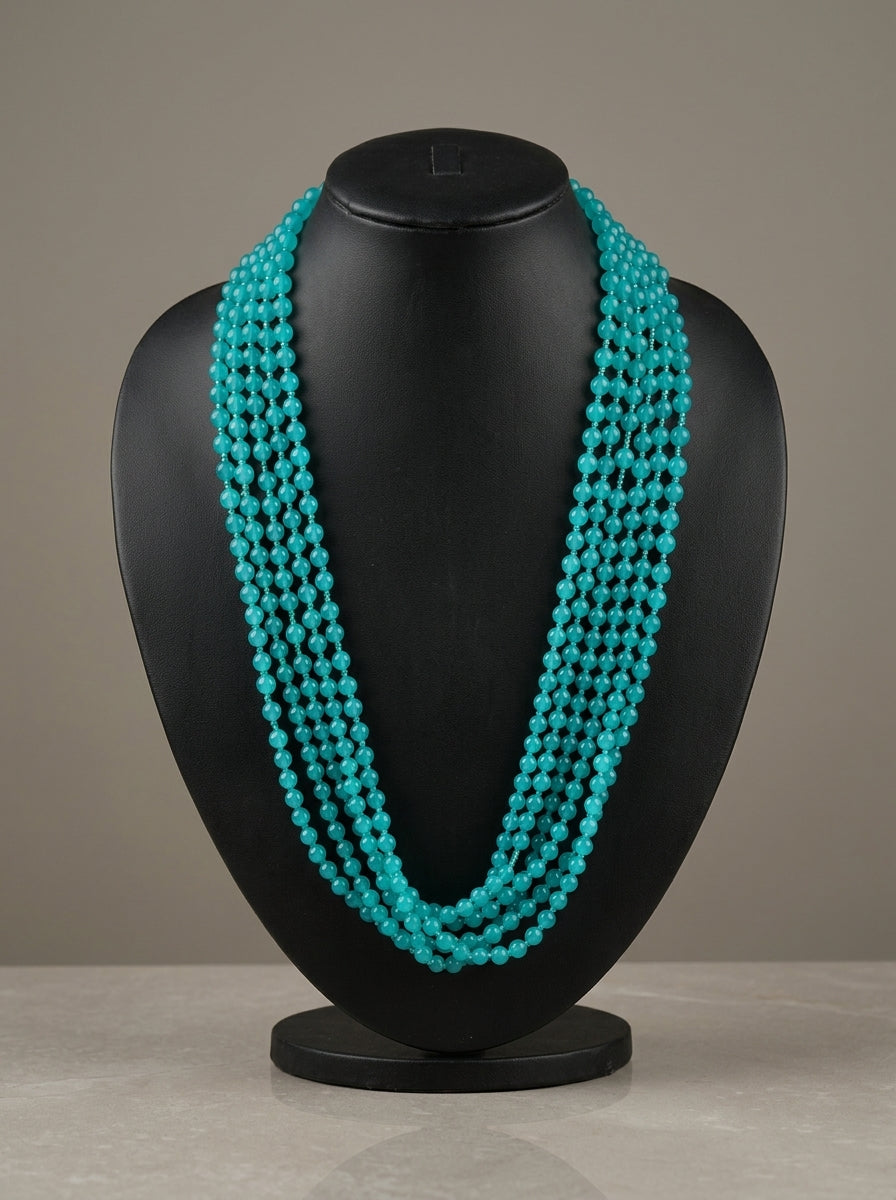 Multi Strand Turquoise Round Glass Bead Long Opera Necklace
