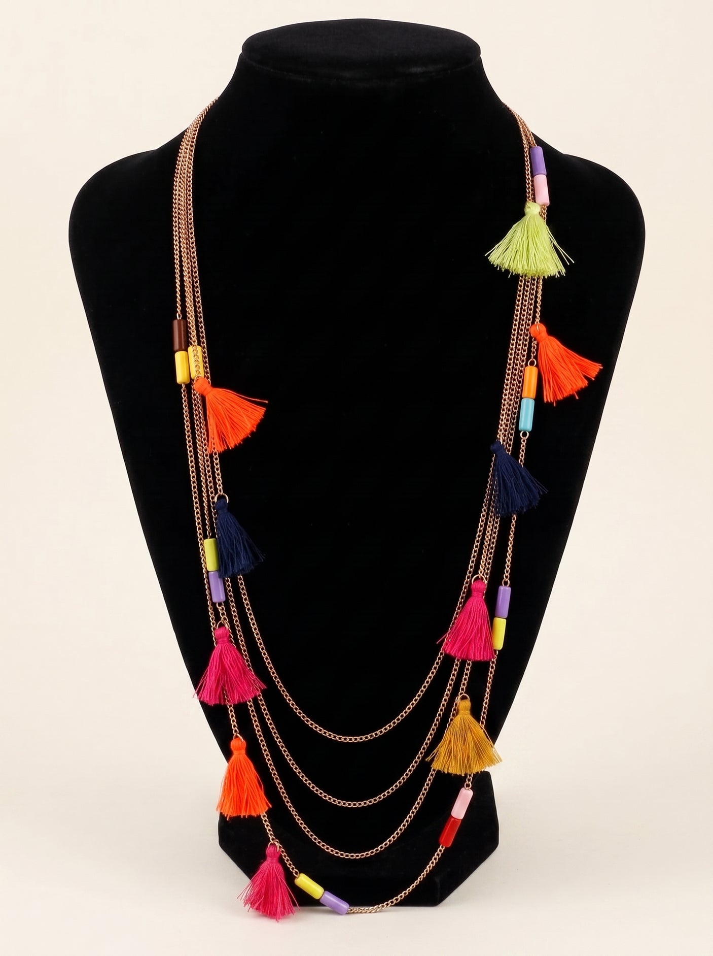 Multi Color Tassels and Beads Braided on Brass Chains Boho Necklace