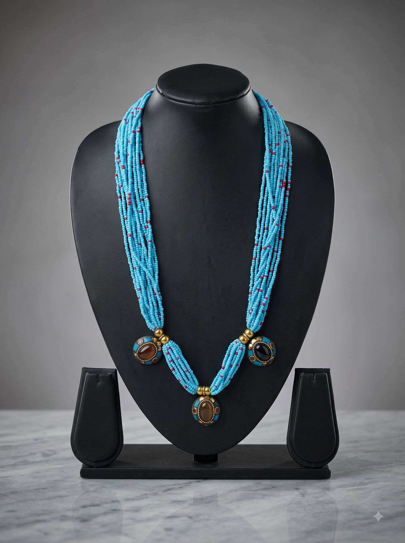 Boho Tibetan Triple Medallion Charm Blue Beads Statement Necklace
