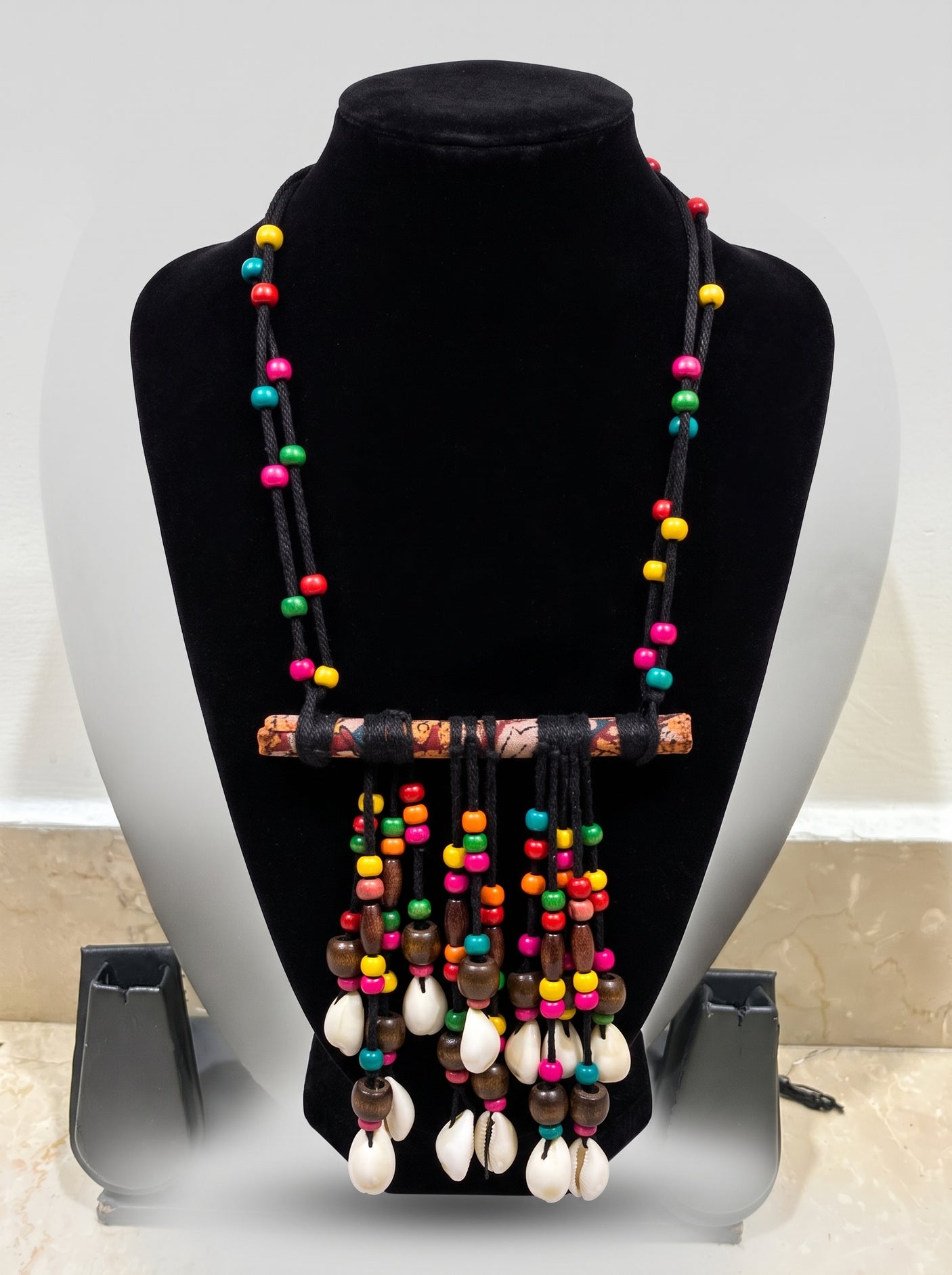 Multicolour Wooden Bead & Cowrie Shells Fringe Necklace