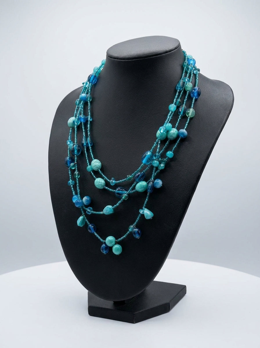 Shades of Blue Beads and Stones Multi Layer Necklace