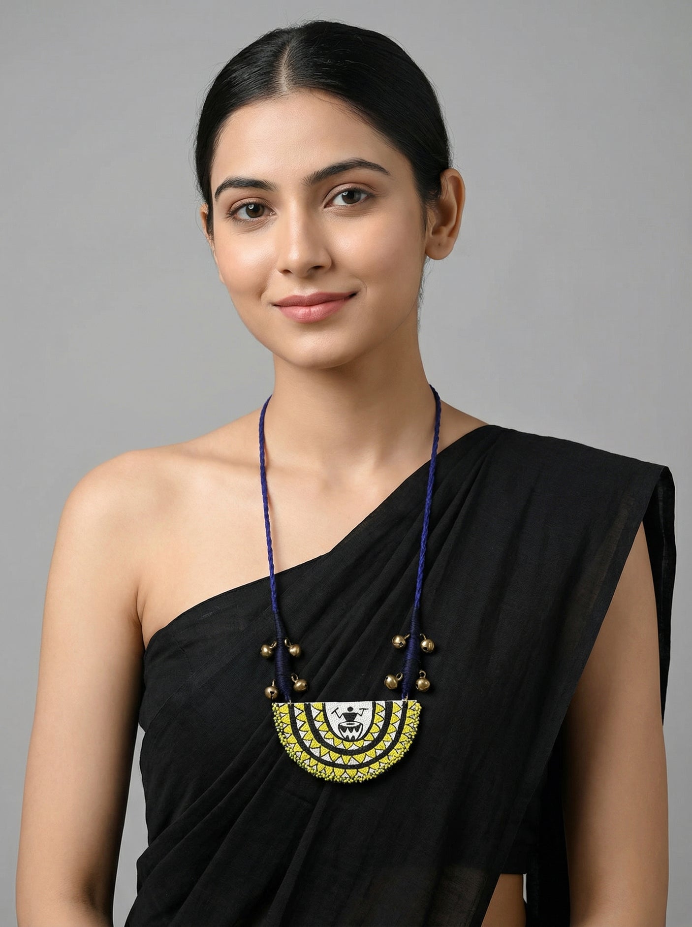Warli Dancer Yellow Hand Painted Arch Pendant Necklace