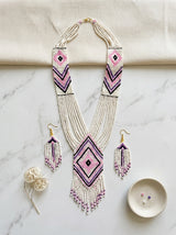 White and Blue Hand Beaded Long Necklace Set