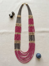 Pink, Grey and Gold Statement Hand Beaded Boho Long Necklace