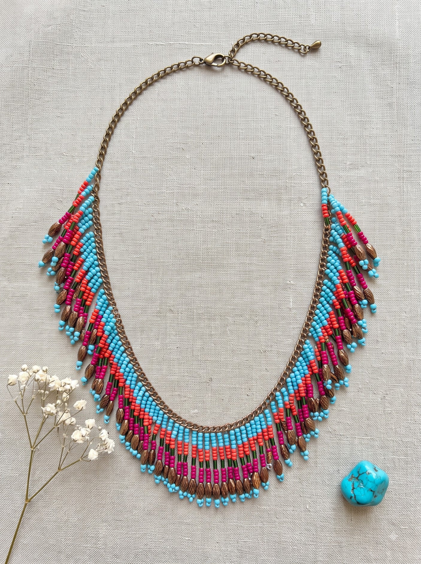 Turquoise Pink & Orange Chevron Seed Bead Fringe Bib Necklace on Antique Gold Chain