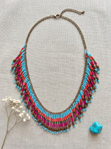 Turquoise Pink & Orange Chevron Seed Bead Fringe Bib Necklace on Antique Gold Chain