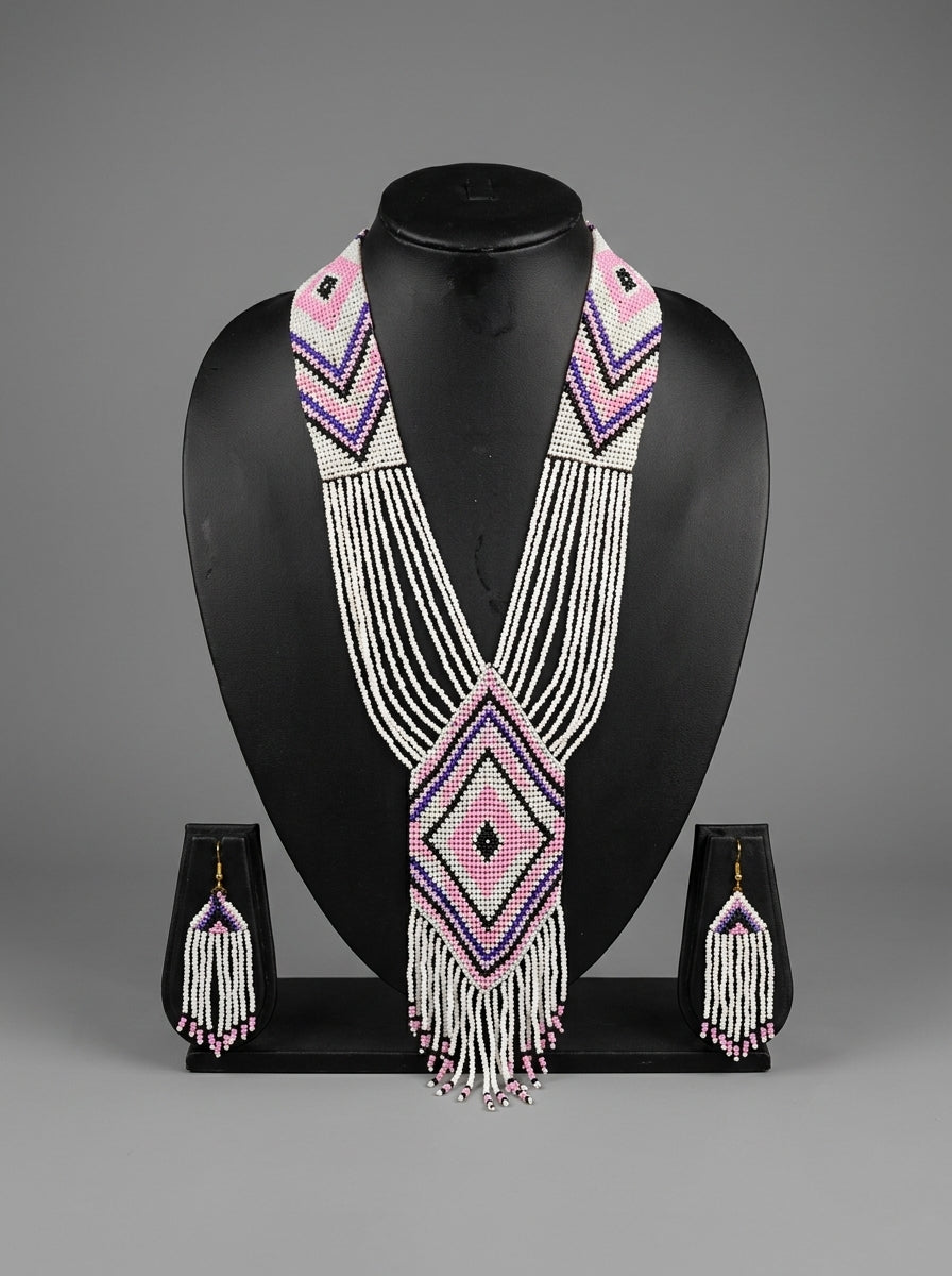White and Blue Hand Beaded Long Necklace Set