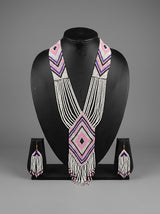 White and Blue Hand Beaded Long Necklace Set