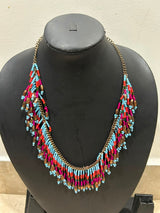 Turquoise Pink & Orange Chevron Seed Bead Fringe Bib Necklace on Antique Gold Chain