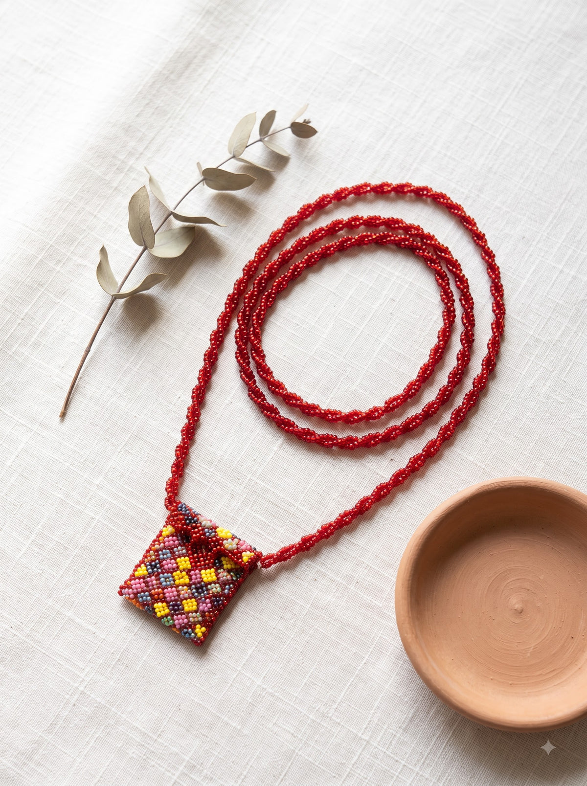 Hand Beaded Long Red Necklace with Statement Pendant